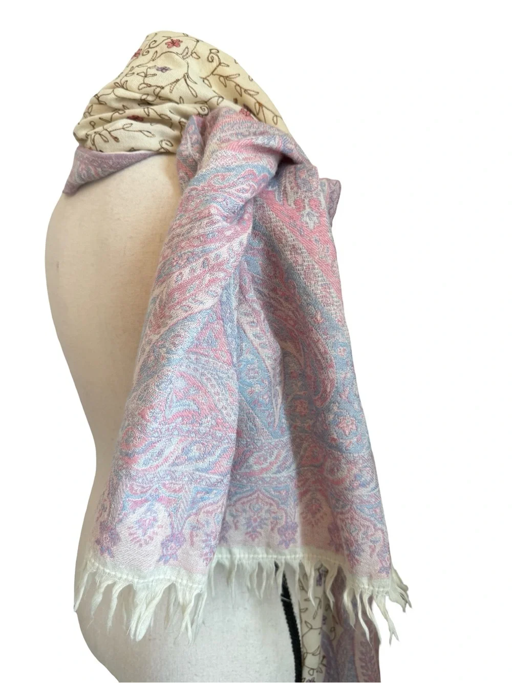 Abrol 100% Pure New Wool Shawl Pastel Paisley Floral Gold Thread Fringe Wrap